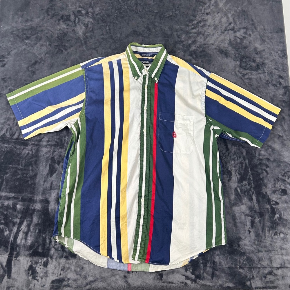 Nautica‎ Button Down Shirt Mens Large Multicolor Striped Short Sleeve Vintage